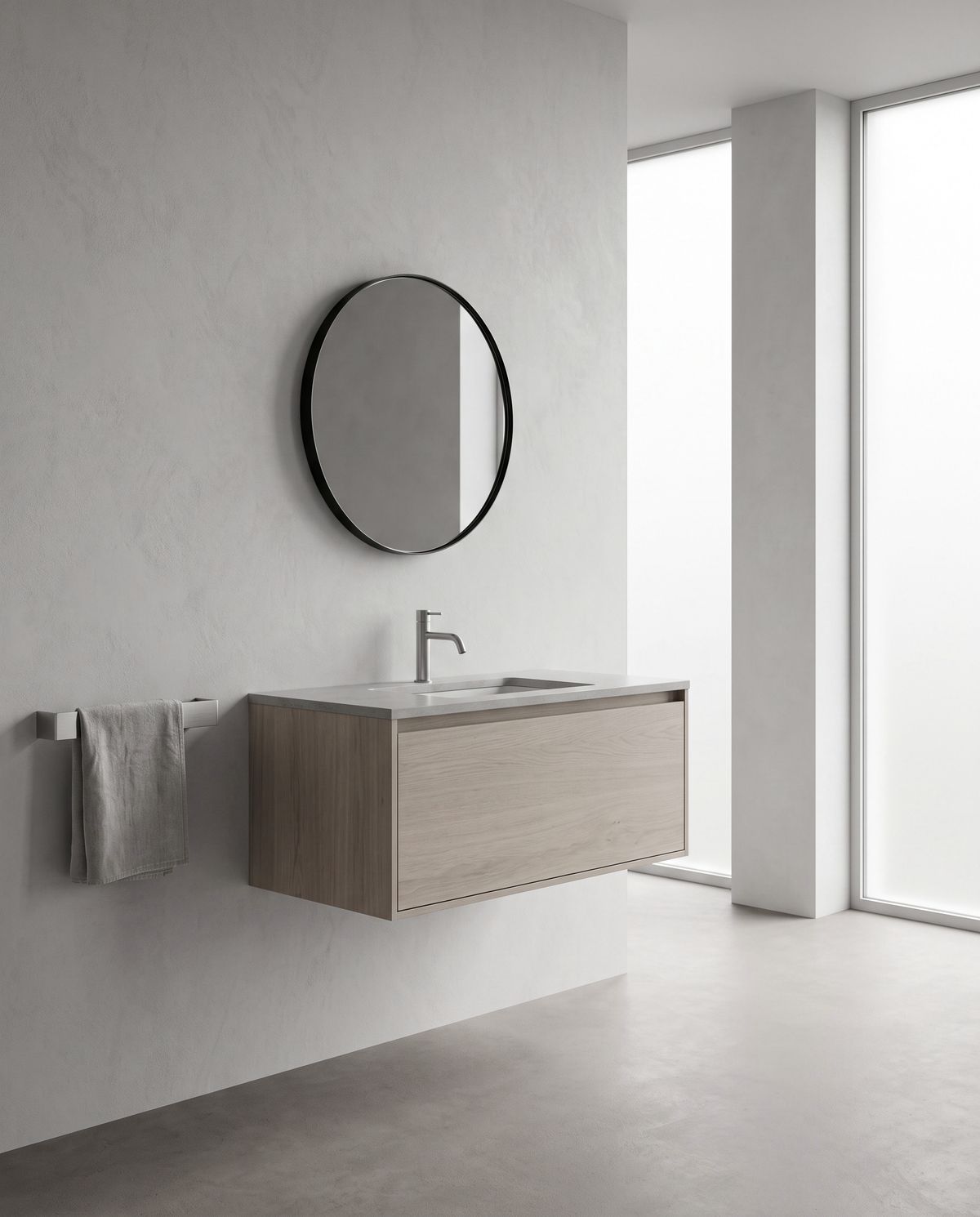 Floating oak vanity with stone top